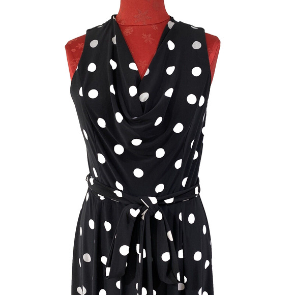 Lauren Ralph Lauren Black White Polka Dot Cocktail Dress Sleeveless 10 Waist Tie - Picture 2 of 10